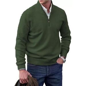 Heren kasjmier rits basic trui, gebreide trui casual lange mouwen trui solide gebreide trui, legergroen, XL