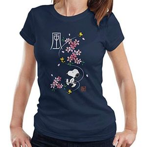 Peanuts Snoopy & Woodstock Japan Cherry Blossom T-shirt voor dames, donkerblauw, S