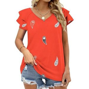 Rode Eenvoudige Paisley Grafische Blouse Top Voor Vrouwen V-hals Tuniek Top Korte Mouw Volant T-shirt Grappig