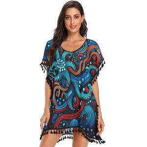 Donkere Octopus Abstract Blauw Strand Cover Up Chiffon Kwastje Badmode Badpak Coverups voor Meisje, Patroon, L