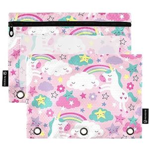 ODAWA Roze Eenhoorn Patroon Binder Pouch, 2 Pack 3 Ring Binder Pouch met Clear Window Briefpapier Bag Binder Case