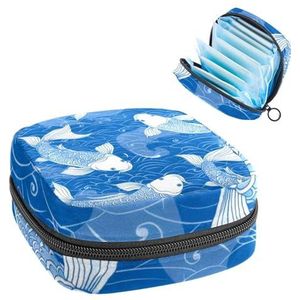 MUOOUM Blue Fish Koi Wave Patroon Maandverband Opbergtas Menstruatie Pad Tas Draagbare Menstruatie Cup Pouch met Rits voor Tiener Meisjes Vrouwen Dames