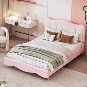Aunvla Kinderbed, gestoffeerd bed, 140 x 200 cm, PU-leer, schattig meisjesbed, roze, jeugdbed, tweepersoonsbed met lattenbodem (matras niet inbegrepen)