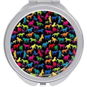 Gekleurde Paarden Silhouetten Compacte Spiegel Ronde Pocket Make-up Spiegel Dubbelzijdige Vergroting Opvouwbare Draagbare Handspiegel