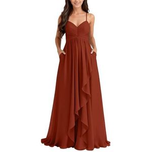 KURFACE Chiffon bruidsmeisjesjurk met split geplooide A-lijn bruidsmeisje formele avondjurk, Roest, 32