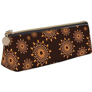 ReesEt Bloemen Patroon Bruin Mode Potlood Pouch Driehoek Pen Case Draagbare Lederen Potlood Tas met Rits Cosmetische Pouch Bag, zoals afgebeeld, Eén maat, Tas Organizer