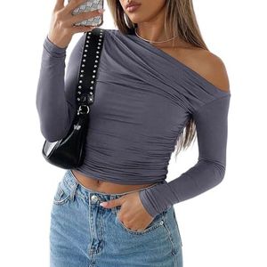 OHERUWKLS Lente En Zomer Casual Effen Kleur Schuine Kraag Off Shoulder Pullover Lange Mouwen Top,Blauw,L