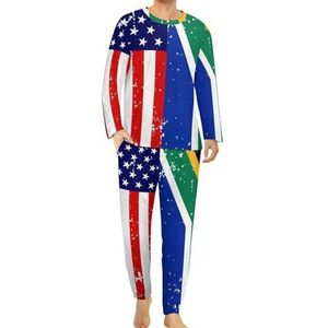 USA Zuid-Afrikaanse vlag comfortabele heren pyjama set ronde hals lange mouw loungewear met zakken 6XL