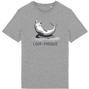 Zeewolf T-shirt – voor heren – bedrukt in Frankrijk – 100% biologisch katoen – cadeau voor dieren verjaardag, originele grappige humor, Grijs, S