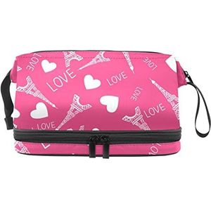 Dubbele Laag Cosmetische Tas Parijs Eiffeltoren Roze Draagbare Make-up Tas Reizen Organizer Pouch voor Vrouwen Meisjes Toiletartikelen Tassen, Meerkleurig, 27x15x14 cm/10.6x5.9x5.5 in, Make-up zakje