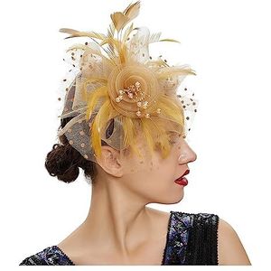 Vintage vrouwen veer bloem fascinator hoed, dames haaraccessoires bruiloft feest bloemen mesh sluier hoofdband haarspeld (kleur: goud, maat: 1)