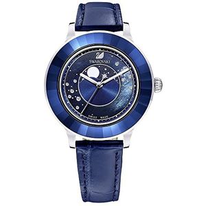 Swarovski Octea Lux horloge, Swiss Made, Maan, Lederen band, Blauw, Roestvrij staal