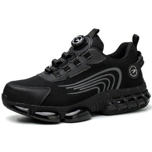 SDEQA Veiligheidsschoenen voor heren stalen neus, antislip met verbeterde draaibare gesp, schoenveters, lekvrije luchtkussen werkschoenen,zwart,36 EU