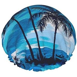 Douchemuts, blauwe kleur palmbomen dubbele waterdichte badmuts, elastische herbruikbare douchemuts, badmutsen slaapmutsje