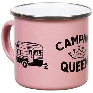 MUGSY Emaille mok, Camping Queen caravanmotief, 300 ml, roze, licht en onbreekbaar