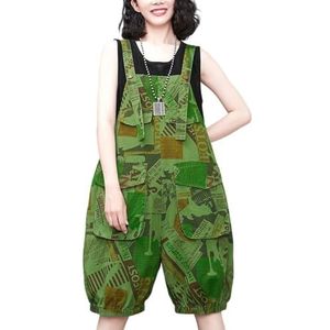 QOUERUUE Dames Zomer Print Denim Korte Overalls Casual Losse Wijde Pijpen Jeans Jumpsuit Rompertjes Broek,Groen,L