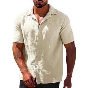 UBOHUZ Heren shirt met korte mouwen zomer revers effen kleur korte mouw knoop losse ademende zweetabsorptie mannen casual shirt voor vrije tijd, Beige, 3XL