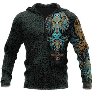 Odin Wolf Tattoo hoodie Voor Heren, Noorse Mythologie 3D Digitaal Geprint Modieus Harajuku-ritsjack, Herfst Casual Ronde Hals Los Grote Maat Sweatshirt(Color:Pullover Hoodie,Size:5XL)