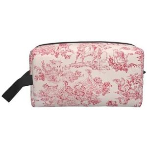 Kawaii reistoilettas van Jouy canvas, rood en wit, voor dames, make-up en cosmetica-organizer, beauty-opbergset voor meisjes, reizen, Kleur 01, Cosmetic Bag