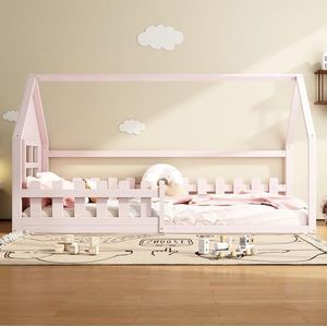 Moimhear Kinderkamerbed, met stevige lattenbodem voor valbeveiliging, massief houten kinderkamerbed, plat bed, 90 x 200 cm, zonder matras (roze)