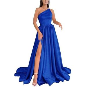 HPPEE Satijnen baljurken met één schouder en split zonder mouwen, lange baljurk korset, formele feestjurk, koningsblauw, 32