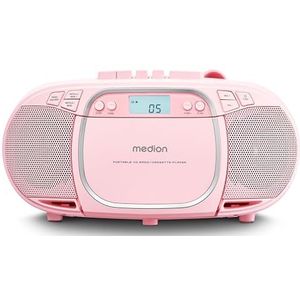 MEDION E66476 Stereo Geluidssysteem (boombox, CD-speler, MP3, cassette, draagbare cassettespeler voor kinderen, FM-radio, AUX, hoofdtelefoon, netvoeding & batterij) Roze