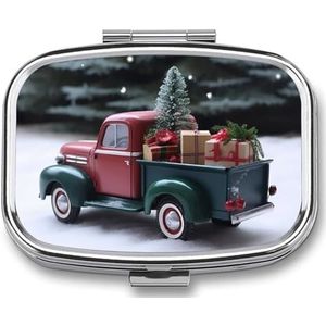 Kerst Truck Pil Organizer Vierkante Geneeskunde Case met Spiegel Dagelijkse Pillen Dozen voor Portemonnee Mini Medicijn Opslag Container Doos Compacte Pillenhouder voor Vitamines