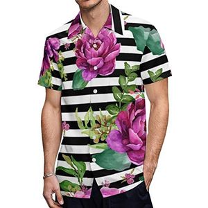 Roze bloemen - zwart-witte strepen heren Hawaiiaanse shirts korte mouw casual shirt button down vakantie strand shirts 3XL