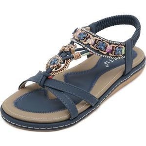 EFLALYHG Sandalen Dames Platte Sandalen Comfortabele Boheemse Strass Pantoffels Enkelband Buiten Wandel Strandschoenen,Blauw,36 EU