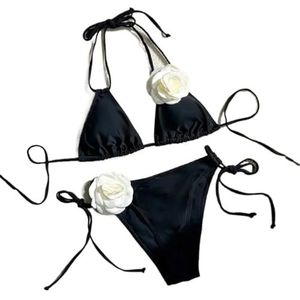 XPJYUA Bikini voor dames, bikiniset, sexy badpakken met bloemen, tanga, bikini, veters, badpak voor dames, Zwarte houder, M
