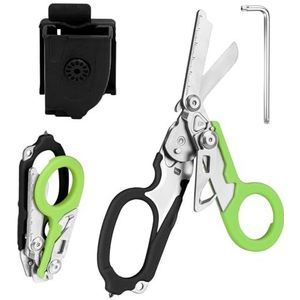Reddingsschaar, traumaschaar, 6-in-1, opvouwbaar, traumaschaar, noodschaar, verbandschaar met K-beschermhoes, moersleutel voor professionele reddingsdiensten, outdoor, camping (zwart en groen)