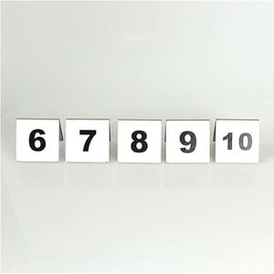 Tabelnummers, Tafelnummers, verpakking van 5 stuks Driehoekige tafelnummerstandaard roestvrij staal, tweezijdig, 50x50x43 mm(6 to 10)