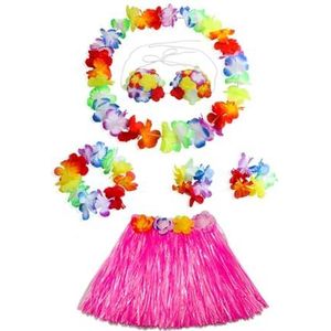 Dames meisjes hoelarok 40 cm 5 stks/6 stuks Hawaiiaanse hoelagras dansrok met Leis kostuum elastisch gras Hawaiiaanse bloem armbanden hoofdband ketting (kleur: roze, maat: 40 cm 5 stuks)