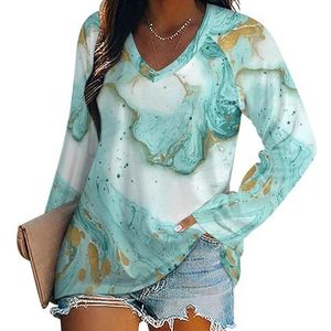 Blauw Groen Marmer Print Vrouwen V-hals Shirt Lange Mouw Tops Casual Losse Fit Blouses