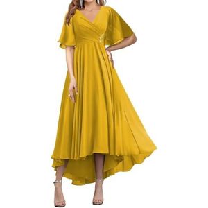 WSEYU Korte Mouw Moeder Van De Bruid Bruidegom Jurken Chiffon Kralen Formele Avond Grootmoeder Jurken Thee Lengte ZM194, Mosterd Geel, 32