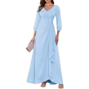 KIYNE Dames lange mouwen moeder van de bruid jurken ruches geplooide chiffon formele jurk avond party jurk, Lichtblauw, 38