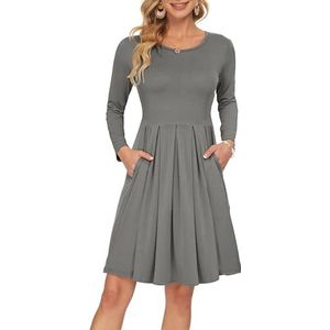 AUSELILY Dames Lange Mouwen Geplooid Los Swing Casual Jurk met Zakken Knielengte