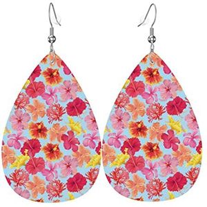 Oorbellen Hibiscus Bloemen Patroon Dangle Oorbellen Lichtgewicht Teardrop Lederen Oorbellen Mode Dangle Earring Voor Gift Bruids Vrouwen, 3.8cm, Leer, Geen edelsteen