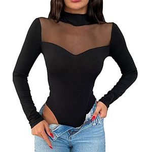 KOEMCY Bodysuit voor vrouwen bodysuit met lange mouwen mesh pure blouses vormende bodysuit slim fit rekbaar turnpakje bespte hals jumpsuit tops clubwear, Zwart, M