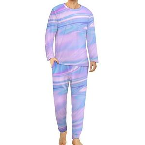 Roze blauwe streep kunst marmeren comfortabele herenpyjama set ronde hals lange mouwen loungewear met zakken L