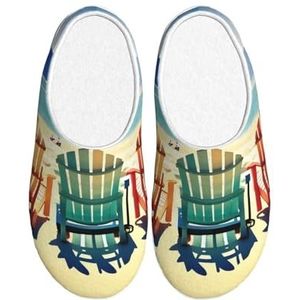 EdWal strand scène met stoelen print Winter Warme Slippers Indoor Anti-slip Pluche Slippers Ontspannen thuis voor Vrouwen Mannen, Zwart, 37.5 EU
