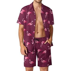 Cartoon Roze Flamingo Vogel Mannen Hawaiiaanse Bijpassende Set 2 Stuk Outfits Button Down Shirts En Shorts Voor Strand Vakantie