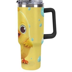 STVNKML 40 oz beker met handvat schattige gele kip roestvrijstalen koffiemok herbruikbare reismok lekvrije geïsoleerde autobeker grote capaciteit beker voor reizen, buiten, thuisgebruik (zwart)