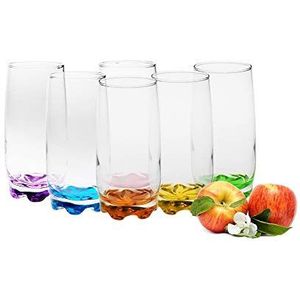 PLATINUX Drinkglazen van glas, 350 ml, set 6-delige kleurrijke bodem, waterglazen, sapglazen, longdrinkglazen, ontbijtglas, groot