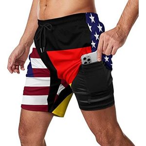 Vlaggen van de Verenigde Staten en Duitsland voor heren, sneldrogend, 2-in-1 strandsportshorts met compressieliner en zak