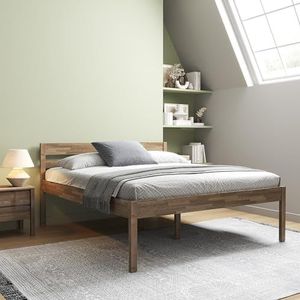 Houten bed 200x200 cm - Triin hoogslaperframe zonder lattenbodem - Geolied in de kleur Canadees eiken - Gelamineerd berkenhout - Draagvermogen 350 kg