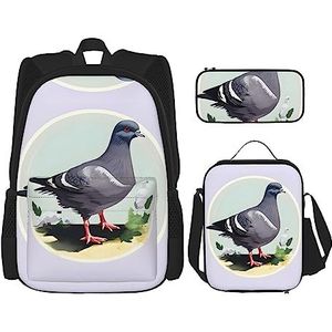 OdDdot Schooltassets rugzakken voor meisjes schooltassen voor studenten werk lunchtas etui unisex jetjagers, Print grijze duif, Eén maat
