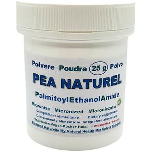 POEDER 25 g PEA Naturel gemicroniseerd Palmitoylethanolamide van superieure kwaliteit (= 62 capsules van 400 mg - dosering voor 3 weken) + maatlepel. Ook verkrijgbaar in 100 gram