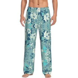 Blauwe Bloem Mannen Lange Lounge Wear Broek Nachtkleding Pyjama Bodems Nachtkleding Met Zakken En Trekkoord, Wit, S