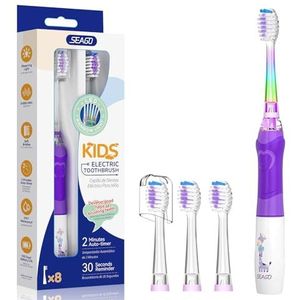 Seago Elektrische tandenborstel voor kinderen vanaf 3-12 jaar, kindertandenborstels met gekleurd licht, smart timer, 4 zachte borstelkoppen, waterdicht, ultrasone babytandenborstel voor meisjes en